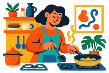 Cozy Cartoon Kitchen Cooking Scene – Transparent Background
