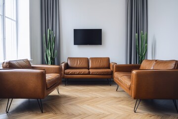 Modern, minimalist living room with  tan leather furniture