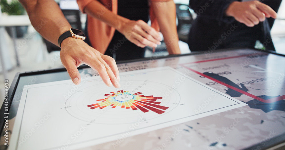 Poster screen, people and hands planning with chart for power development, frequency direction and wind ene