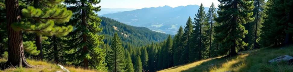 Fototapeta premium Dense grove of mature ponderosa pine trees in a mountain forest, isolated, greenery, woodland
