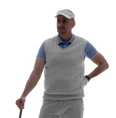 Silhouette of mature male golf player on white background