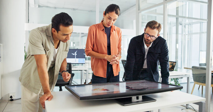 Discussion, monitor and group with interactive display, collaboration and planning for windmill design. Teamwork, global and people with tech for map, wind turbine and renewable energy for world