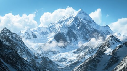 Majestic snow-capped mountain peak, vast valleys, and dramatic cloudscape.