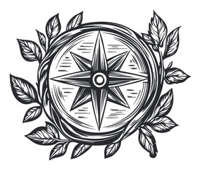Fototapeta premium Vintage Compass Engraving with Decorative Leaf Elements
