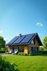Modern eco friendly house with solar panels on rooftop against blue sky, technology, modern, eco