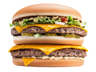 Juicy hamburger with fresh ingredients and tasty toppings ready to satisfy your hunger cravings isolated on a white background.