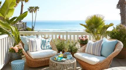 Fototapeta premium Breezy beachfront patio decorated with pastel cushions and natural textures