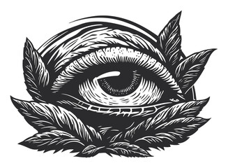 Fototapeta premium Detailed Engraved Eye Surrounded by Intricate Leaf Designs