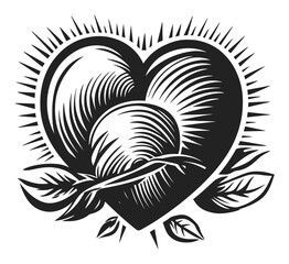Stylish Black and White Engraving of Heart and Rose Design
