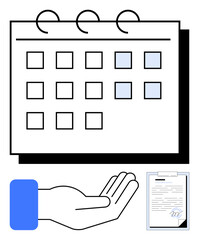 Simplified calendar highlighting days, an open hand signifying an offer or support, and a signed contract on a clipboard. Ideal for planning, scheduling, deadlines, commitment, teamwork, business