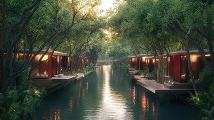 Obraz premium Evening light shining on raft cabin roofs and long walkway through forest waterway