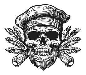 Obraz premium Detailed Engraving of Skull with Bandana and Leaf Elements