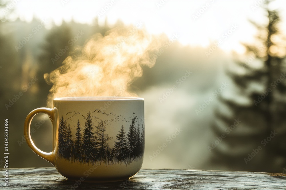Poster steaming mug in a cozy forest setting with pine trees and misty hills at dawn