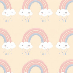 Childlike rainbow with soft colors and cloud elements