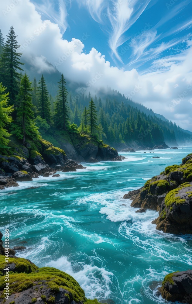 Poster a serene river flows with vibrant green water, reflecting the lush foliage of surrounding trees. sun