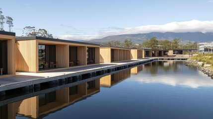 Obraz premium Long pier walkway connecting raft rooms across reflective dam water