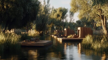 Obraz premium Long boardwalk stretching over water connecting raft rooms surrounded by trees