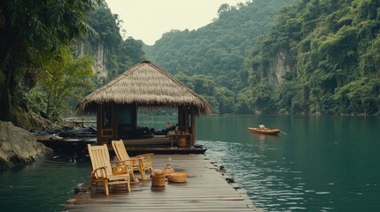 Naklejka premium Minimal raft-style accommodation with porch facing wide water expanse