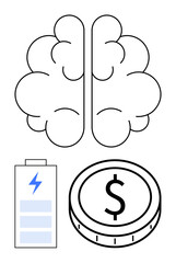 Brain, battery with charge level, and coin with dollar sign combine ideas of intellect, energy, and wealth. Ideal for innovation, productivity, finance, motivation growth power abstract line flat