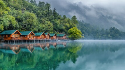 Obraz premium Morning mist over emerald water with cabins reflected in still surface