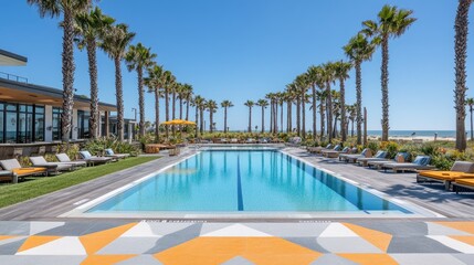 Fototapeta premium Oceanfront swimming pool with geometric tile patterns and vibrant summer decor