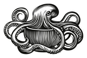 Detailed Engraving of an Octopus in Stylized Black and White Design