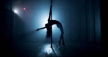 Woman, dancer and pole with party for silhouette, tease performance or sexy movement in nightclub....