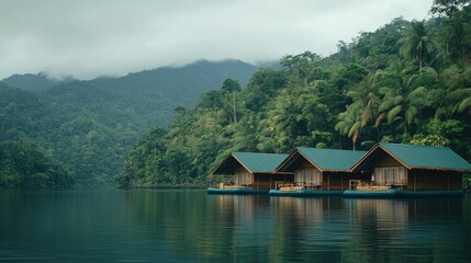 Fototapeta premium Row of raft cabins floating on serene water with lush mountains behind