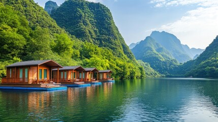 Obraz premium Row of raft cabins floating on serene water with lush mountains behind