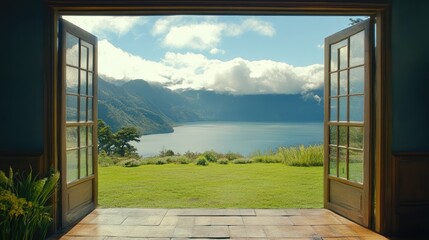 Fototapeta premium Scenic view from open sliding doors facing green water and blue hills