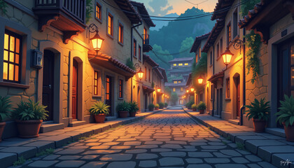 Obraz premium Cozy illuminated street in a quaint village at dusk 