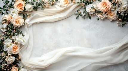 Elegant floral arrangement with soft fabric on a textured background for wedding decor