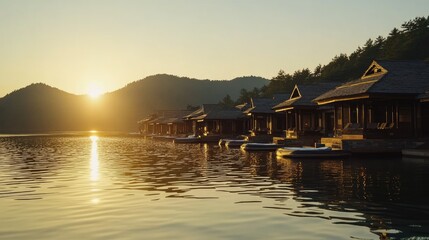 Obraz premium Sunrise over quiet raft resort with golden light reflecting on water surface