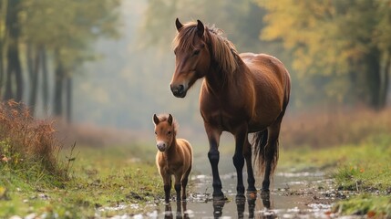 Fototapeta premium Majestic Horses Standing Gracefully Near a Serene Forest Stream