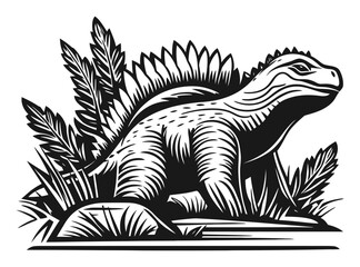 Engraving of a Stegosaurus Dinosaur Surrounded by Foliage