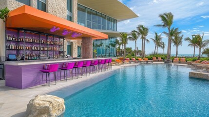 Vibrant outdoor bar area near swimming pool at beachside resort under clear skies