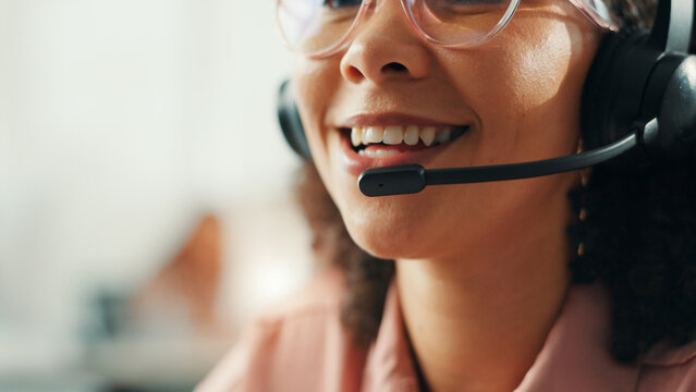 Business, mouth and woman with headset, call center and technical support with connection. Person, employee and consultant in workplace, headphones or mic with help desk, friendly advice and closeup