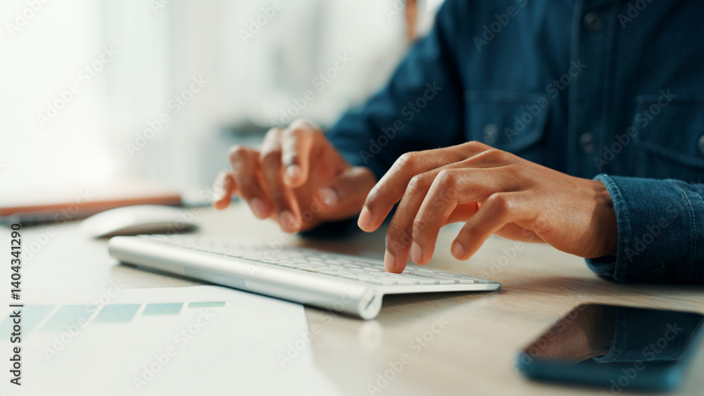 Poster typing, keyboard and research with hands of person in office for sales projection, investor revenue 