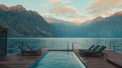Obraz premium Water deck with chairs facing out to mountain scenery across the lake