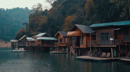 Fototapeta premium Wide-angle view of floating resort at Ratchaprapha Dam surrounded by forest