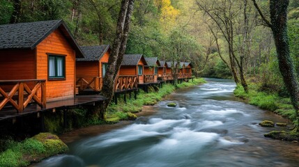 Wooden walkway connecting floating raft rooms with gentle stream flowing underneath