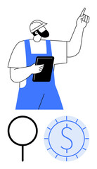 Worker in overalls holding tablet and pointing upwards, accompanied by magnifying glass and dollar coin. Ideal for construction, technology, economy, management, guidance, analysis strategy. Flat