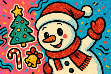 Cute Snowman with Christmas Tree and Gift on Retro Festive Background