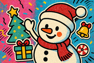 Cute Snowman with Christmas Tree and Gift on Retro Festive Background