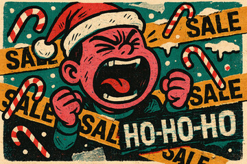 Screaming Kid Overwhelmed by Christmas Sales in Retro Comic Style