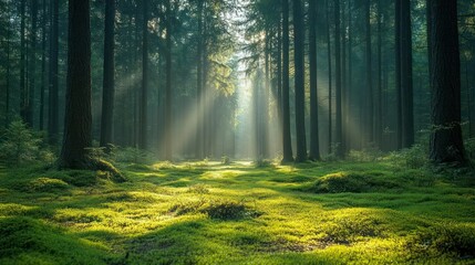 Fototapeta premium Sunlight streams through a misty forest. Lush greenery carpets the forest floor