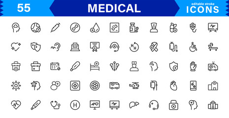 Medical Icon Set for Healthcare and Wellness Designs. Includes Symbols for Hospitals, Doctors, Patients, and Medical Tools in Vector Format.