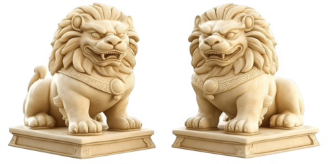 Two Stone Lion Statues Facing Each Other Beige Color on Transparent Background