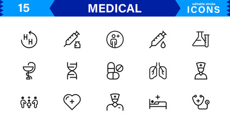 Medical Icon Set for Healthcare and Wellness Designs. Includes Symbols for Hospitals, Doctors, Patients, and Medical Tools in Vector Format.