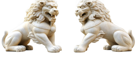 Two Stone Lion Statues With Beige Fur Isolated on Transparent Background